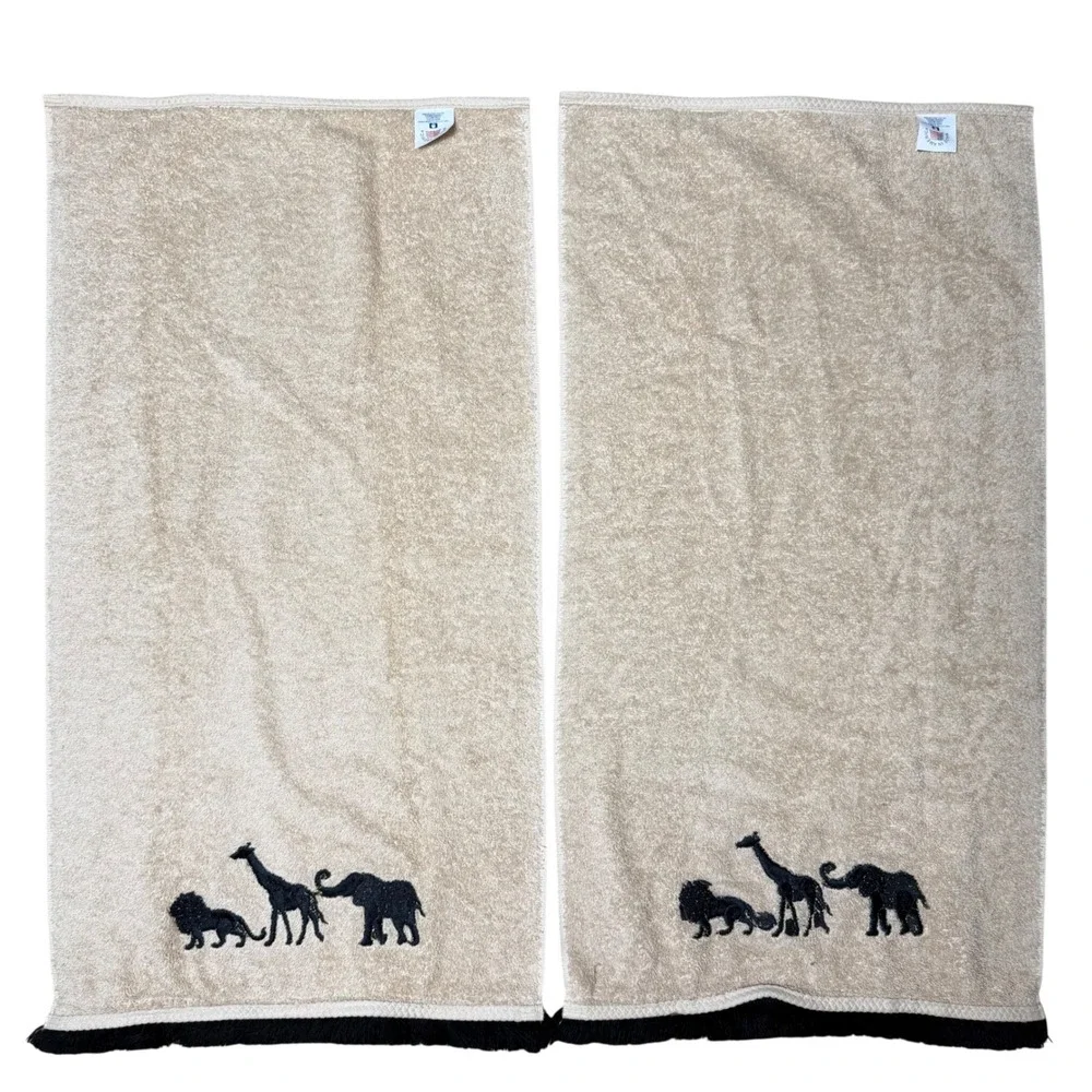 Vtg Avanti Safari Animal Embroidered Fringe Towel Set 5pc Beige Black Cotton USA